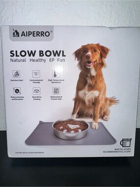 Gray Slow Feed Dog Bowl with Non-Slip Mat